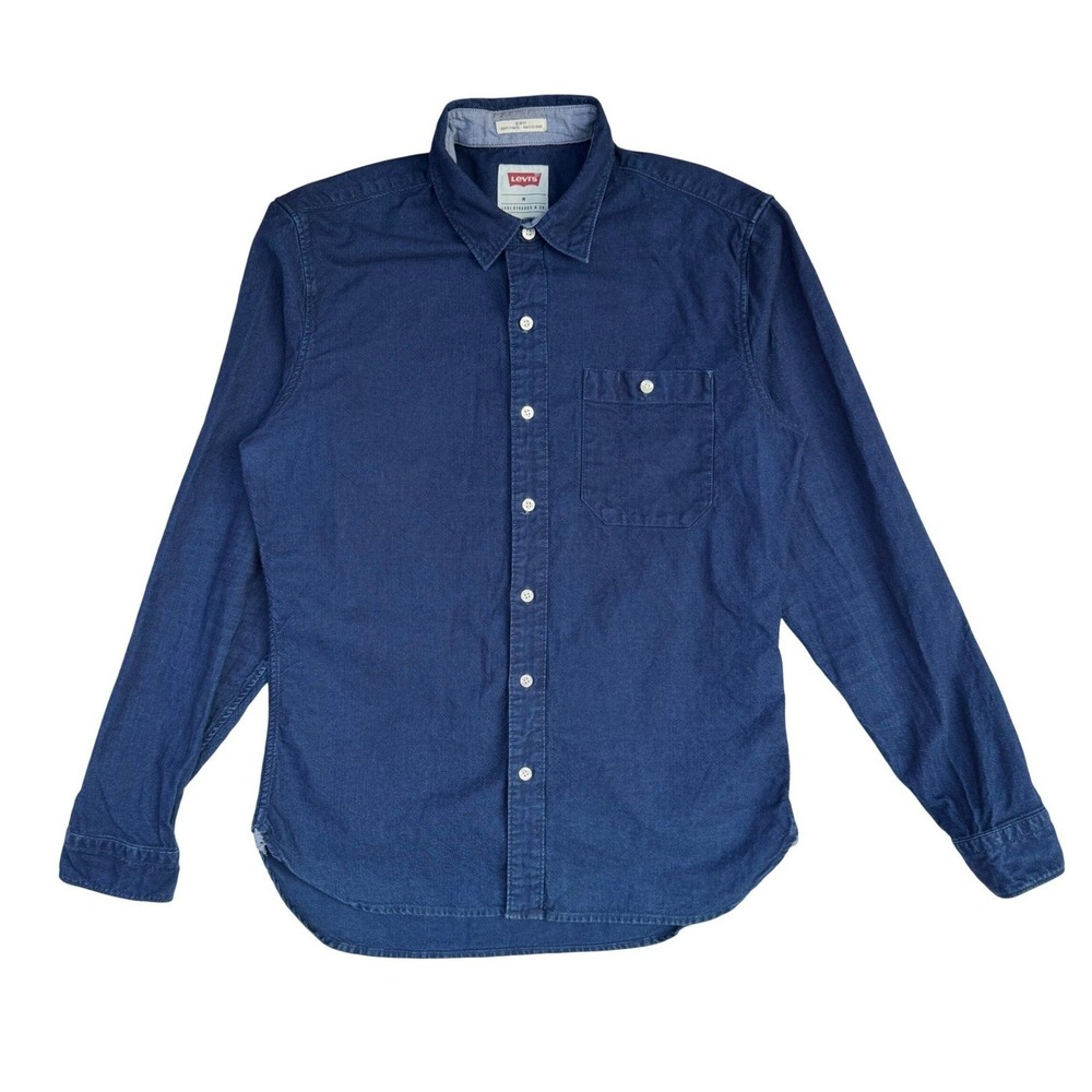 Levis Slim Fit Denim Dress Shirt Indigo Blue White Buttons Workwear Mens Medium